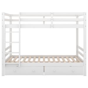 Lit superposé pour enfants 140x200 cm，avec tiroirs, espace de rangement et hauts garde-corps en bois, Blanc