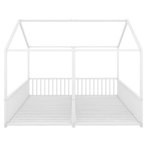 Pat dublu pentru copii 90x200 cm, formă de casă, cu barieră de siguranță, fără saltea, Alb