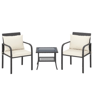 Outsunny Conjunto de Muebles de Jardín de Ratán Sintético con 2 Sillas con Cojines Acolchados y Mesa con Vidrio Templado Marrón