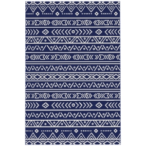 Outsunny Alfombra de Exterior Reversible 182x274 cm con Patrón Geométrico de Cenefa Impermeable con Bolsa Azul y Blanco