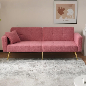 Convertible Sofa Bed with Adjustable Backrest, Gold Legs, Side Pockets, Sherpa Fabric Sleeper Sofa for Bedroom, 176L x 64W x 75H cm, Pink