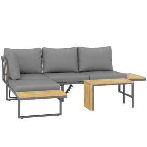 Outsunny Buitenmeubelset, Uitbreidbaar naar 6 Zitplaatsen, L-Vormige Buitenhoek met Tafels, Stalen Frame, Verstelbare Leuningen, Grijs