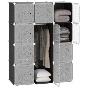 HOMCOM Armario Modular Plástico Estantería 12 Cubos con Puertas para Almacenamiento de Ropa Armario Ropero Organizador para Almacenamiento Juguetes y Libros Montaje en Bricolaje