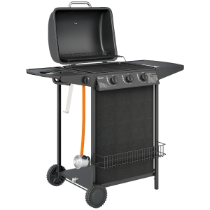 Outsunny Barbecue a Gás com 3+1 Queimadores 9,5 kW Termómetro Grelha Recolhedor de Gordura e 2 Rodas 108x54x97 cm Preto