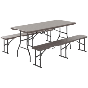 Outsunny Conjunto de Campismo Dobrável de 3 Peças Inclui 1 Mesa 180x74x74 cm e 2 Bancos 182x28x42 cm Efeito Madeira Castanho
