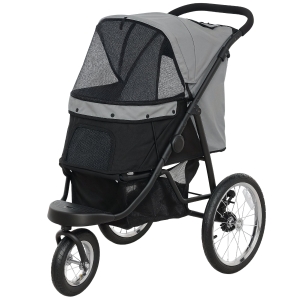 PawHut Poussette pour chien pliable avec panier de rangement, coussin lavable, roues en caoutchouc et auvent réglable, gris