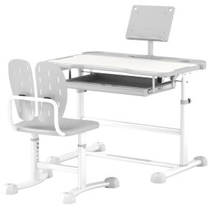 AIYAPLAY Bureau enfant avec chaise réglable en hauteur, plateau incliné 45°, tiroir et support de livre, gris