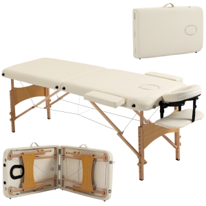 HOMCOM Portable Massage Bed, Folding Spa Beauty Massage Table with 2 Sections, Carry Bag and Wooden Frame, Cream