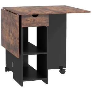HOMCOM Mesa de Cozinha Dobrável com Rodas Laterais Rebatíveis Gaveta e Prateleiras para 2-4 Pessoas 120x72x75 cm Madeira Branco