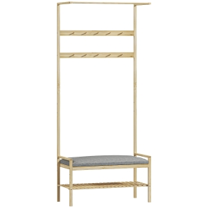 HOMCOM Móvel Cabide de Entrada com Sapateira 10 Ganchos Barra Superior e Compartimento 73,5x34x171 cm Madeira e Cinza