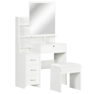 HOMCOM Toucador de Maquilhagem com Banco Espelho 4 Gavetas 4 Compartimentos de Armazenamento Estilo Moderno 80x38x143cm Branco