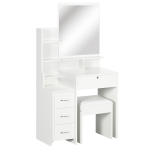 HOMCOM Ensemble de coiffeuse avec tabouret rembourré grand miroir + plusieurs étagères ouvertes + 4 tiroirs blanc