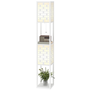 HOMCOM Lampa Podłogowa w Kratkę z 2-Poziomowymi Półkami, dla Różnych Żarówek, Biała