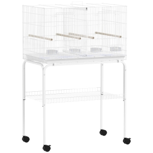 PawHut Gaiola para Pássaros com Divisória Rodas Gaiola para Aves com Comedouros Poleiros e Bandeja Removível 76x46x116 cm Branco