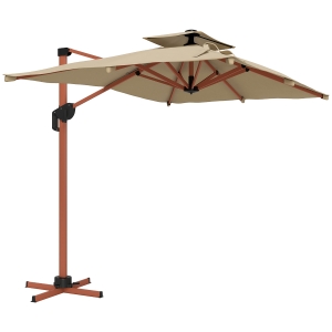 Outsunny Chapéu de Sol Excêntrico 300x198x252 cm com Manivela Inclinação Ajustável Duplo Teto e Base Cruzada Giratória 360° Caqui