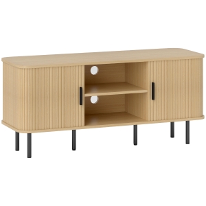 HOMCOM Meuble TV avec 2 portes tambour à lamelles design scandinave pour télévision jusqu'à 55 pouces 120 cm ton chêne