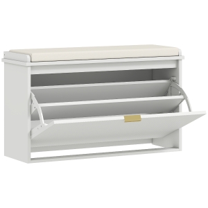 HOMCOM Bancă Scarpieră cu Raft Intern, din Lemn și Țesătură cu Efect de In, 80x26x47.5 cm, Alb și Bej
