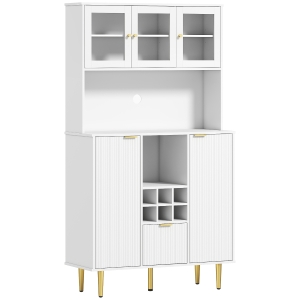 HOMCOM Armário de Cozinha Móvel Auxiliar de Cozinha Armário Alto com 3 Portas de Vidro Suporte para Garrafas 100x40x180 cm Branco