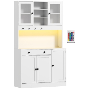 HOMCOM Meuble de rangement avec éclairage LED, placards et tiroir, portes vitrées, télécommande inclus, blanc