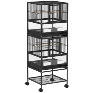 PawHut Gaiola para Pássaros de 2 Níveis com Rodas Painéis Acrílicos Comedouros Prateleira Bandejas Amovíveis 48x46x134,5 cm Preto