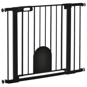 PawHut Barrera de Seguridad para Perros Extensible 75-103 cm, para Puertas y Escaleras, Barrera para Perros con Puerta Pequeña, 2 Extensiones, Montaje a Presión y Doble Bloqueo, Negro