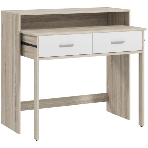 HOMCOM Mesa Consola Escritorio Extensible de 2 Niveles con Rieles Deslizantes 2 Cajones y 2 Ruedas 95x35x87 cm Roble