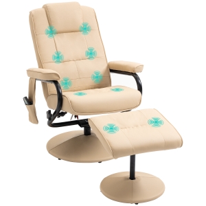 HOMCOM Massagesessel mit Hocker, Drehbares Relaxsessel mit Massagefunktion, Elektrisches Fernsehsessel mit Liegefunktion, Fernbedienung für Wohnzimmer, Kunstleder, Creme