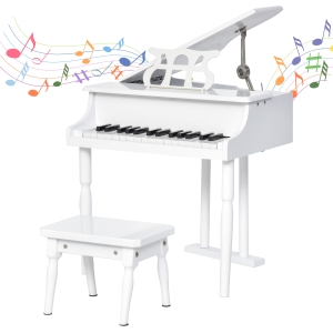 HOMCOM Piano de Cola Infantil de MDF con 30 Teclas Taburete y Atril de Partituras Piano para Niños Instrumento Musical Didáctico 52x50x49 cm Blanco