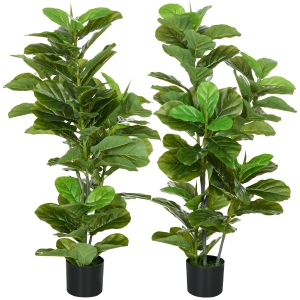 HOMCOM Conjunto de 2 Plantas Artificiales Decorativas 110x15 cm Árboles Artificiales de Ficus con 90 Hojas y Macetas Verde