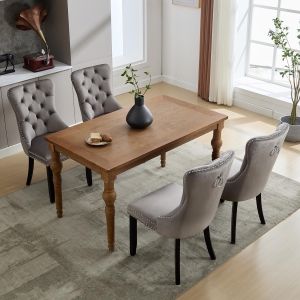 Set of 4 Velvet Dining Chairs with Button Tufted Backrest, Foot Pads, Solid Rubber Wood Legs, Wingback Design, 50L x 64W x 96H cm, Grey