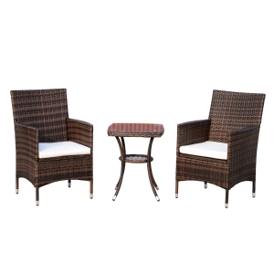 Outsunny Conjunto de Muebles para Jardín Juegos de Muebles de Ratán Incluye 1 Mesa y 2 Sillones con Cojines Estructura de Metal para Terraza Patio Marrón