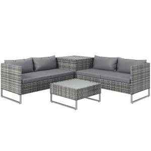 Outsunny Conjunto de 4 Muebles de Jardín de Ratán con 2 Sofás Dobles Mesa Central Mesa con Arcón Cojines Extraíbles para Terraza Exterior 132x69x64 cm Gris