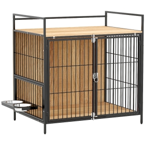 PawHut Gaiola para Cães Mesa Auxiliar Moderna com Suporte Giratório com 2 Tigelas para Cães Médios 80x56x76,5 cm Madeira e Preto