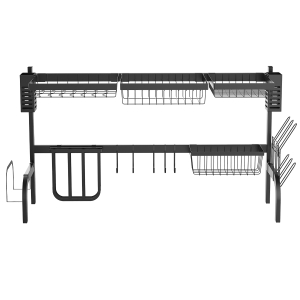 HOMCOM Suszarka na Naczynia, 2-Poziomowy Stojak z Hakami, Talerzami, Akcesoriami, 100 cm Stal, Czarny