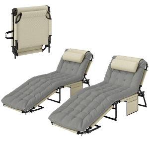 Outsunny Lot de 2 transats bains de soleil pliable avec dossier inclinable 4 positions - appui-tête et matelas épais crème
