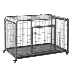 PawHut Jaula para Perros Plegable de Metal Jaula para Perros Grandes 125x76x81 cm con Ruedas y Frenos Bandeja Extraíble y Puerta con Pestillos para Golden Retriver Labrador Gris Oscuro