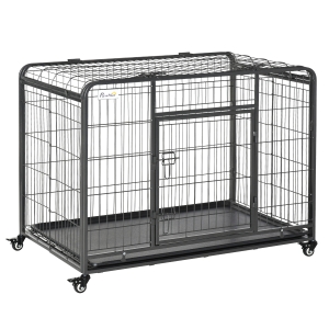 PawHut Jaula para Perros Plegable de Metal Jaula para Perros Grandes 109,5x71x78 cm con Ruedas y Frenos Bandeja Extraíble y Puerta con Pestillos para Golden Retriver Labrador Gris Oscuro