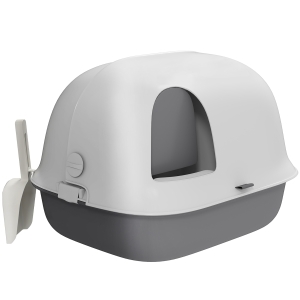 PawHut Bac à litière pour chat maison de toilette chat avec porte pelle toit avant ouvrant 58 x 46 x 39 cm gris clair et blanc