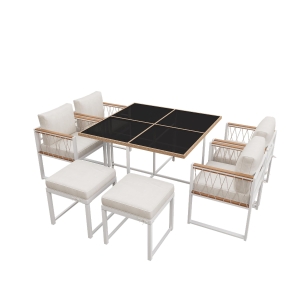 Ensemble de salle à manger d'extérieur 7 pièces avec table en verre trempé, rotin tressé, coussins de siège, pour 6 personnes, Naturel+Blanc