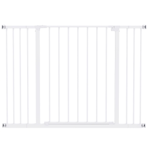 PawHut Barrera de Seguridad Extensible Puertas y Escaleras Metálica para Perros y Bebé Barrera Puertas Mascota 2 Extensiones 15/10 cm, 76-107x76 cm Blanco