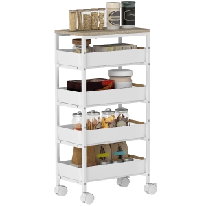 HOMCOM Carrello da Cucina con 4 Cesti Estraibili Bianco e Rovere