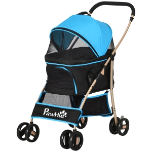 PawHut Hundewagen Wandelbar mit 2 Leinen und Kissen, aus Stahl und Oxford, 82x49,5x98 cm, Blau und Schwarz