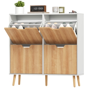 HOMCOM Schuhschrank 4 Klappen 16 Paare mit höhenverstellbarem Regal Kieferholzfüße 95 x 26 x 95 cm Natur