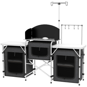 Outsunny Faltbare Campingküche mit 3 Ebenen, 5 Innenregalen und 4 Haken, 172x48x119 cm, Schwarz
