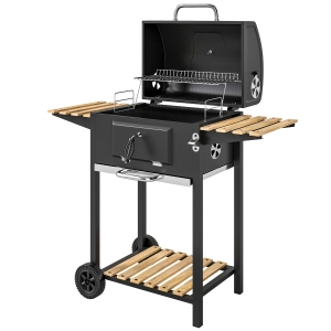 Outsunny Barbecue charbon de bois réglable en hauteur avec grille, couvercle, thermomètre, étagères, roues et décapsuleur, noir