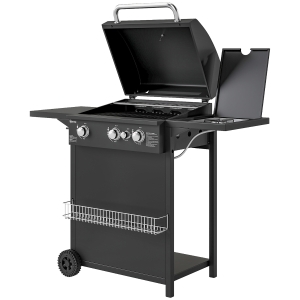 Outsunny Barbecue gaz 3+1 brûleurs en acier, puissance 9,5 kW, barbecue de jardin 2 grilles étagères latérales, 2 roues, noir