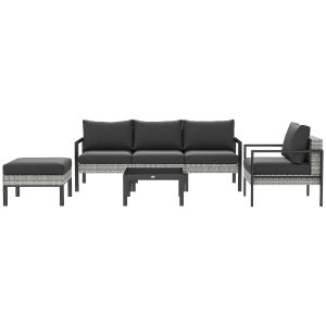 Outsunny Gartenlounge-Set für 5 Personen, Balkon-Lounge aus Kunststoff-Rattan mit Sesseln, Hocker und Couchtisch Hellgrau