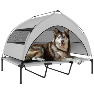 PawHut Lettino per Cani con Copertura a 3 Lati Rimovibile, in Poliestere e Acciaio, 122x92x94 cm, Grigio Chiaro e Nero