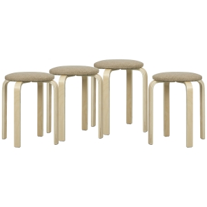 HOMCOM Juego de 4 Taburetes Redondos de Madera Apilables con Asiento Acolchado para Cocina Comedor Dormitorio Caqui