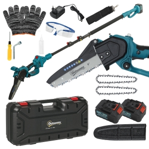 Outsunny Mini Motosserra a Bateria 8 Polegadas 6000mAh Motosserra Elétrica com Motor sem Escovas de 580W 2 Baterias 42x29x10,5 cm Azul